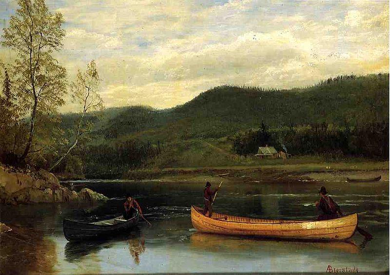 Albert Bierstadt Men in Two Canoes oil painting image
